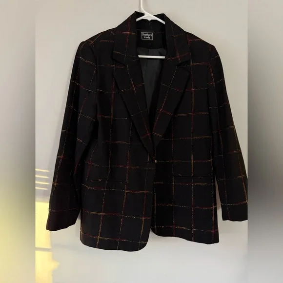 VTG Southern Lady Black Multi Color Plaid Blazer Coat Holiday Red Green Size S M - Picture 3 of 11